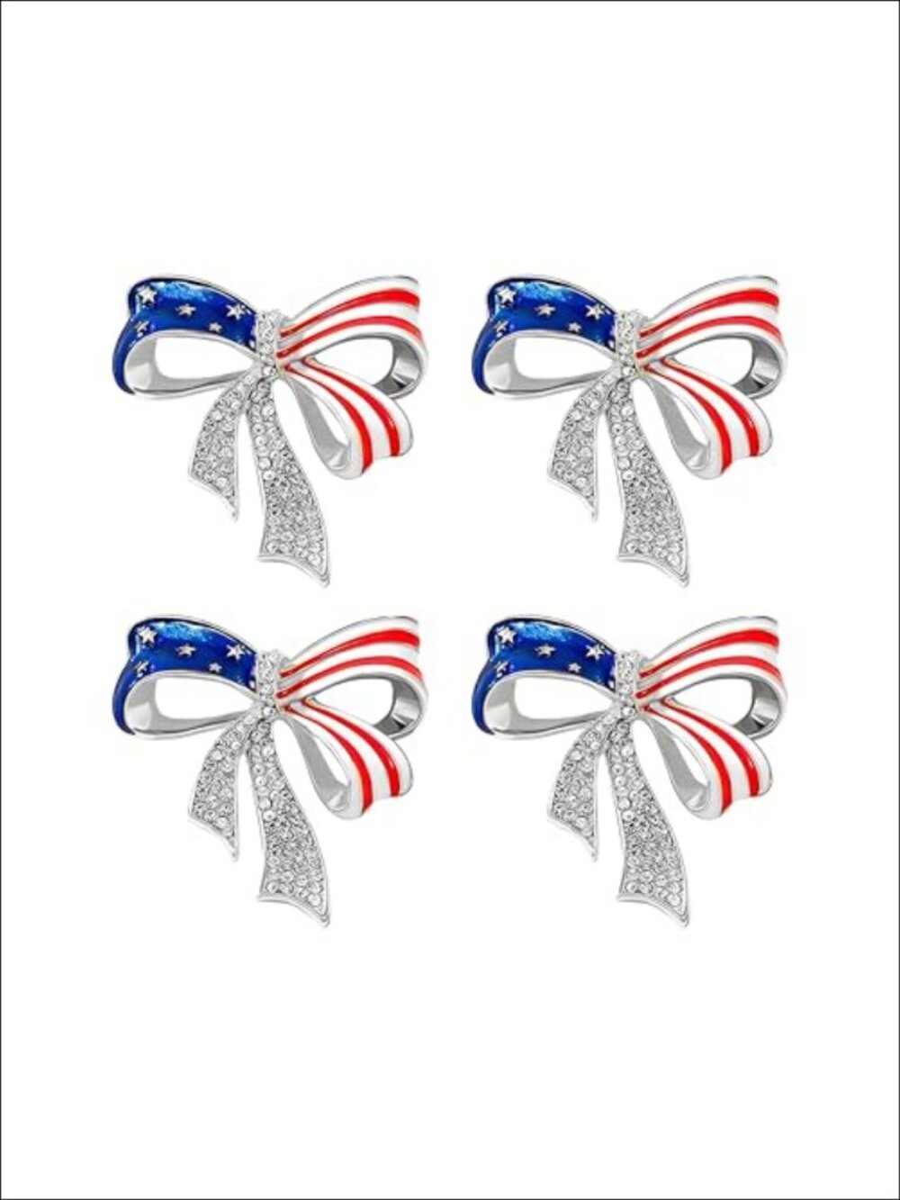4 Pc Patriotic Bow Brooch Pin Set Rhinestone Enamel Lapel Pins USA Flag